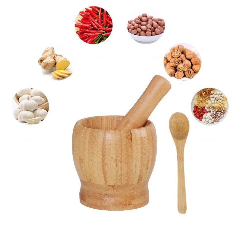 Traditional Bamboo Mortar & Pestle Set – Garlic, Herb & Spice Grinder for Kitchen Crushing and Mashing