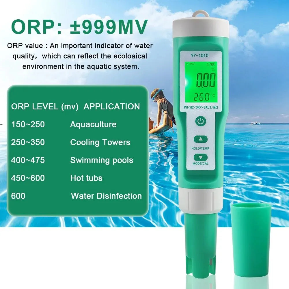Yieryi TDS, EC, PH, Salinity & ORP Meter - H2, S.G, TEMP Water Quality Monitor for Pools & Aquariums