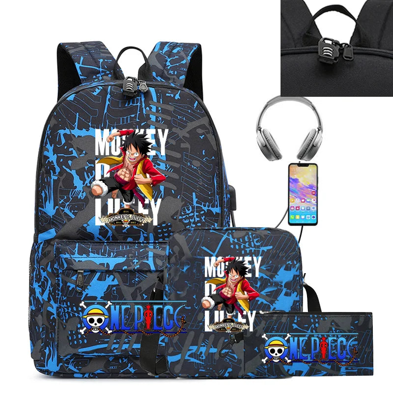 3PC One Piece Luffy School Backpack Set – Rechargeable Anime Bag for Boys & Girls, Student Cartoon Mochila