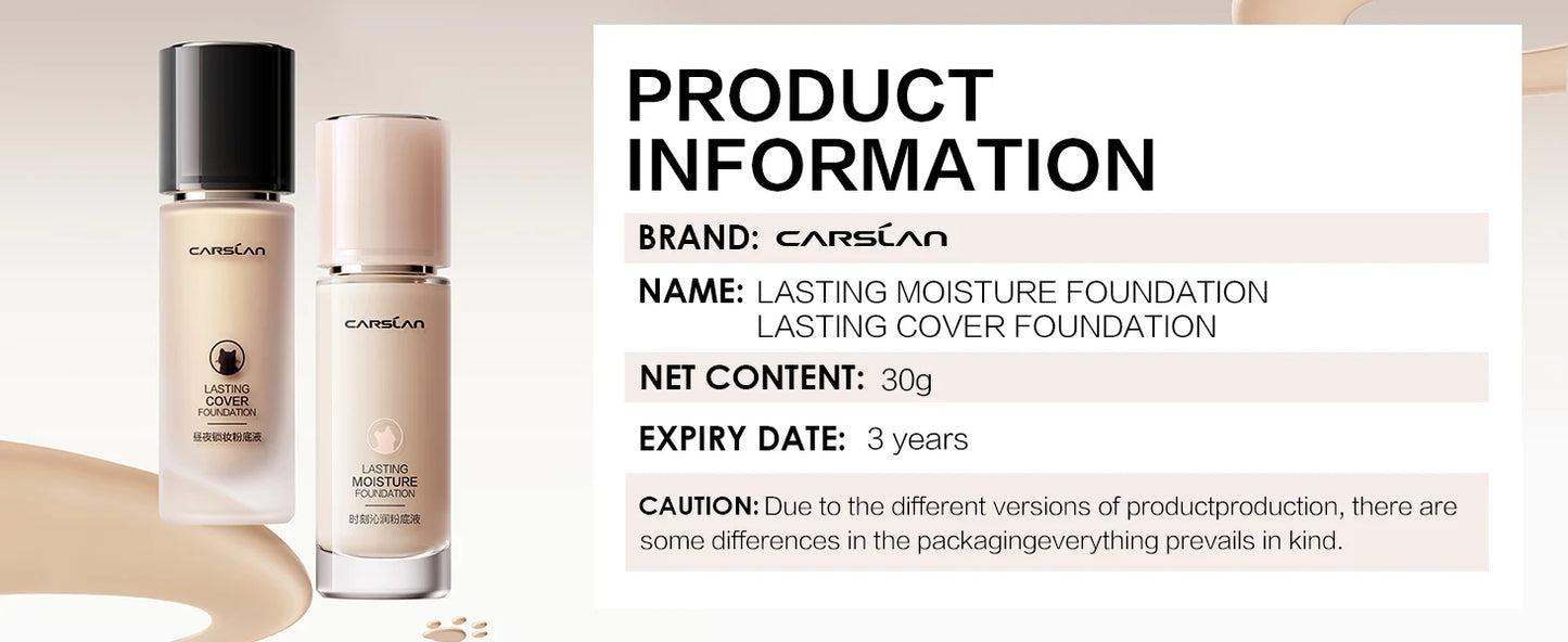 CARSLAN Long-Lasting Moisture Matte Liquid Foundation – Full Coverage Concealer, Whitening & Oil Control Face Base Makeup