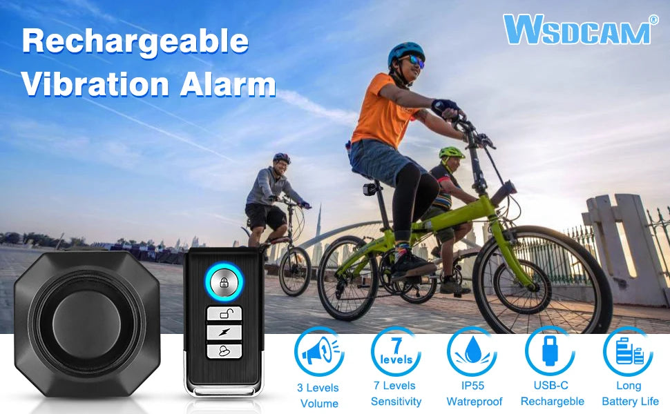 WSDCAM Bicycle Alarm – Waterproof Vibration Alarm with USB Charging & Remote Control, 110 dB Security for Bike & Motorcycle
