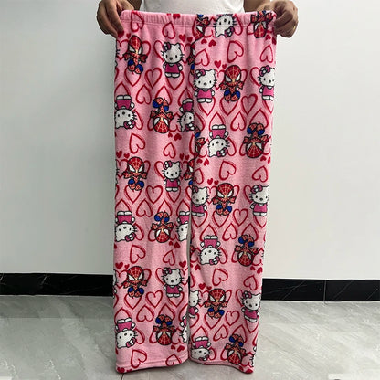 Hello Kitty Spider-Man Cotton Velvet Pajamas - Loose Long Pants, Cartoon Sleepwear for Women and Men, Casual Wear