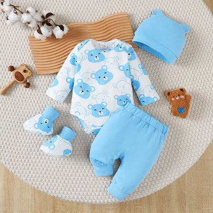 0-9 Months Baby Boy Set – Little Bear Long Sleeve Bodysuit, Pants, Hat & Socks for Spring & Autumn Newborns