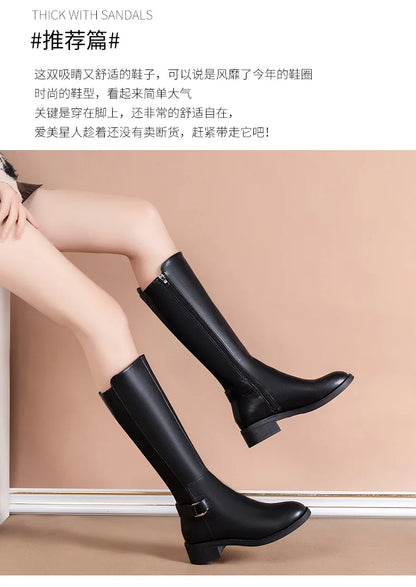 Women’s Black PU Leather Knee-High Boots – Metal Buckle, Fashion Outdoor Long Shoes, Size 34-41