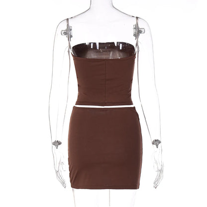 Hugcitar Solid Sleeveless Folds Tube Crop Top & Skirt Set – 2 Piece Summer Fashion Streetwear, Beach Clothing