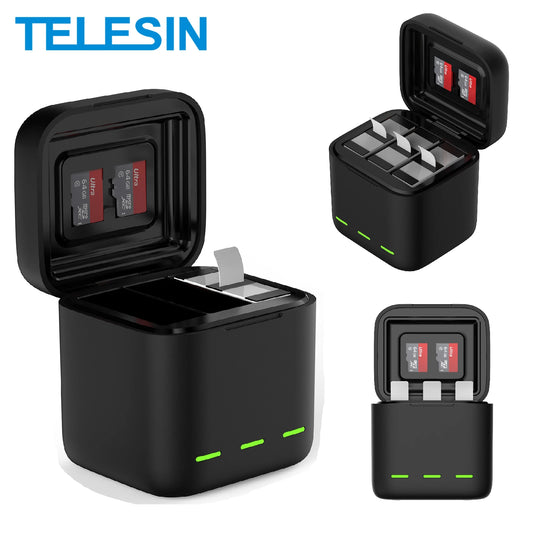 TELESIN 3-Slot Fast Battery Charger for GoPro Hero 13 – Portable Charging Dock for Action Camera Accessories