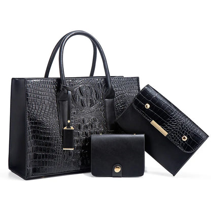 New Crocodile Pattern Handbag Set for Women — 3Pcs Tote, Shoulder Bag & Clutch, Large Capacity Fashion Set