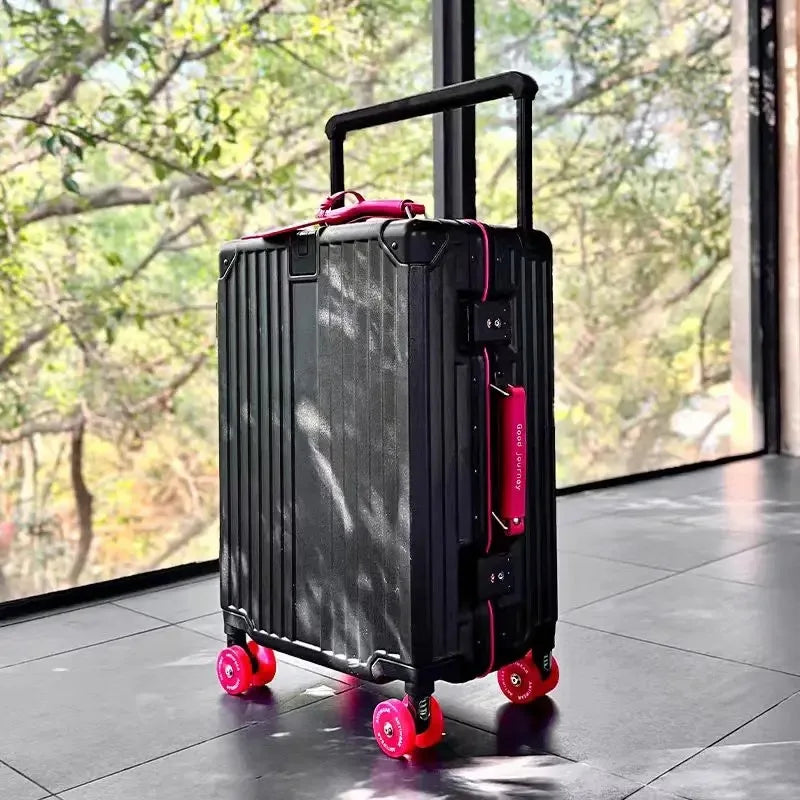 Aluminum Frame Rolling Luggage — Wide Handlebar Trolley Suitcase with Colorful Silent Spinner Wheels, TSA Lock & Large Capacity