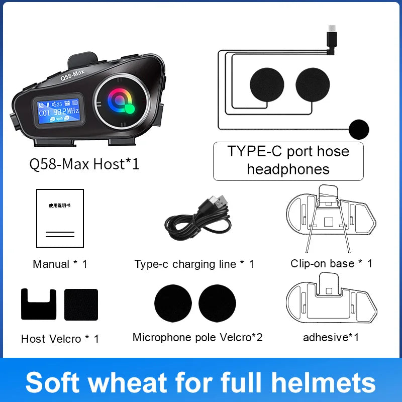 Q58 Max Motorcycle Helmet Bluetooth Intercom – IP65 Waterproof, 500M Range, Multi-Scene Music Sharing