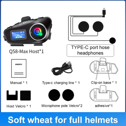 Q58 Max Motorcycle Helmet Bluetooth Intercom – IP65 Waterproof, 500M Range, Multi-Scene Music Sharing