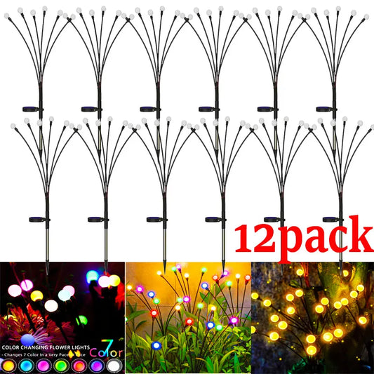 12-Pack Waterproof Outdoor LED Solar Firefly Lights - Starburst Design for Lawn, Garden Path, Landscape Decoration