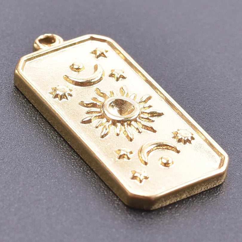 6pcs Real Gold-Plated Sun Charms - Stainless Steel Jewelry Making Pendants, Heart, Moon & Sunshine Design