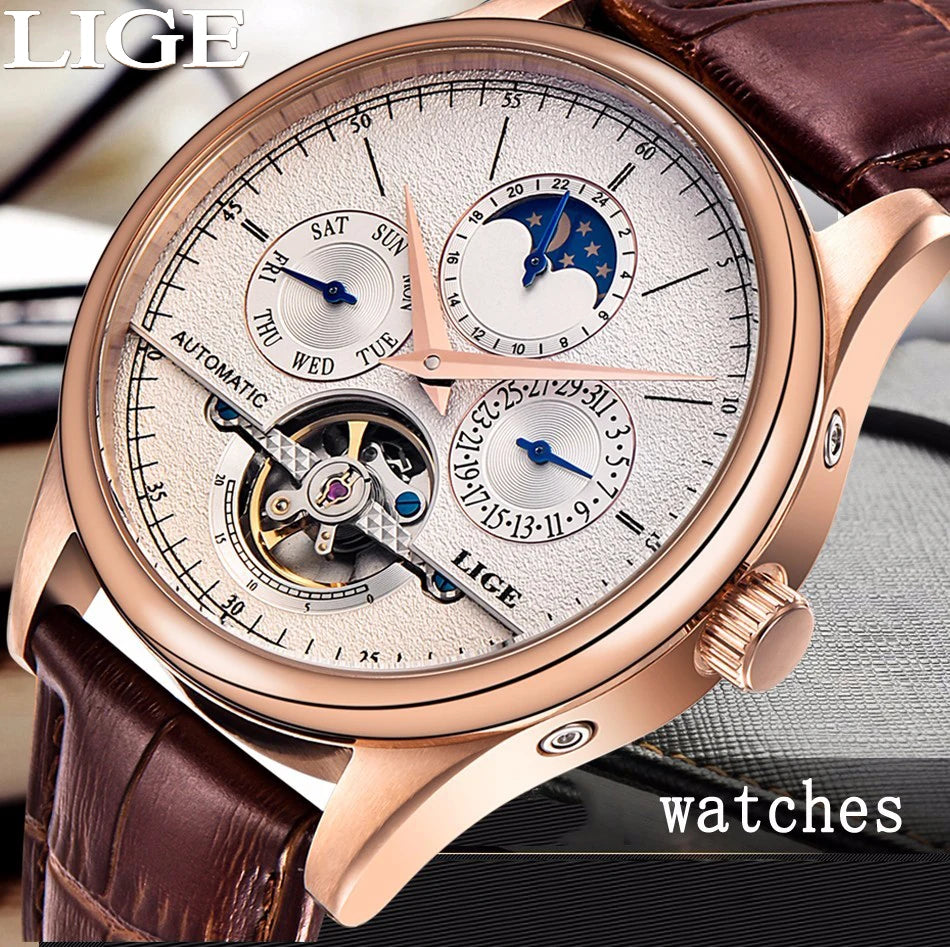LIGE Men's Automatic Mechanical Tourbillon Watch - Waterproof Genuine Leather Military Wristwatch