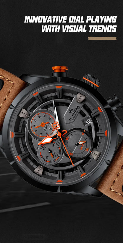 NAVIFORCE Men's Casual Watch – Luxury Waterproof Chronograph Quartz Wristwatch with Genuine Leather Strap