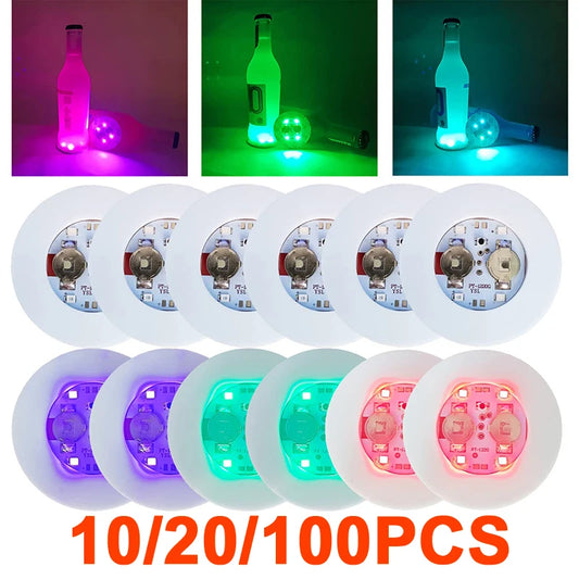 10-100PCS LED Flash Coaster Lights – Battery-Powered Luminous Bottle & Wine Cup Stickers for Bar, Party, KTV