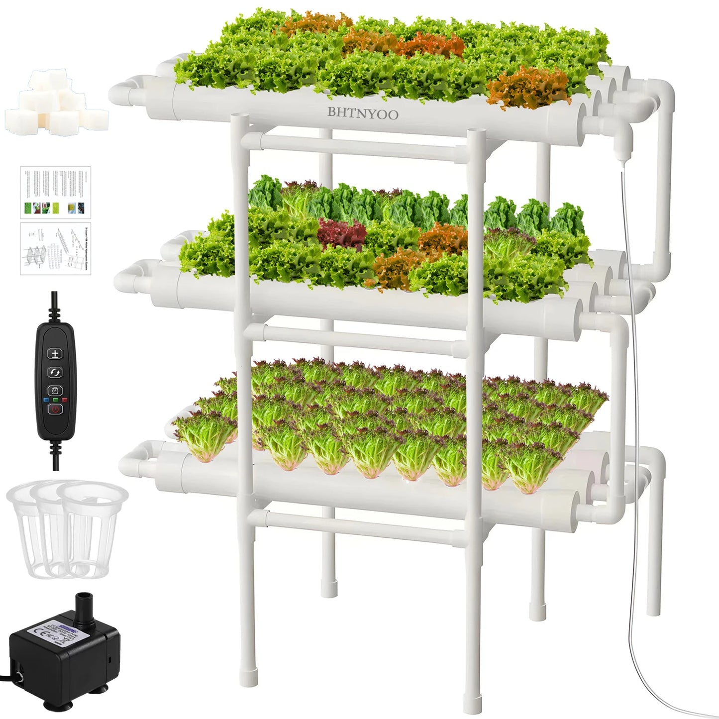 Hydroponics Growing System Kit — 3-Layer 108-Site PVC Pipe Hydroponic Garden for Vegetables & Herbs