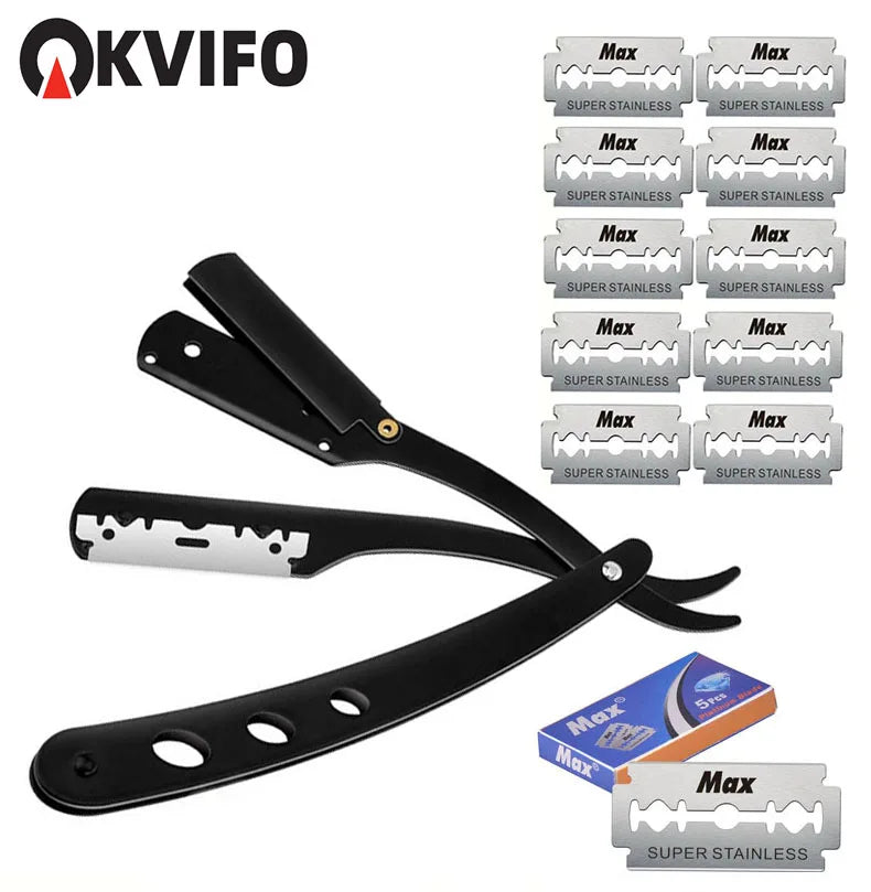 1 Holder + 10/20 Blades Straight Folding Shaver — Men's Manual Razor with Sharp Barber Blade