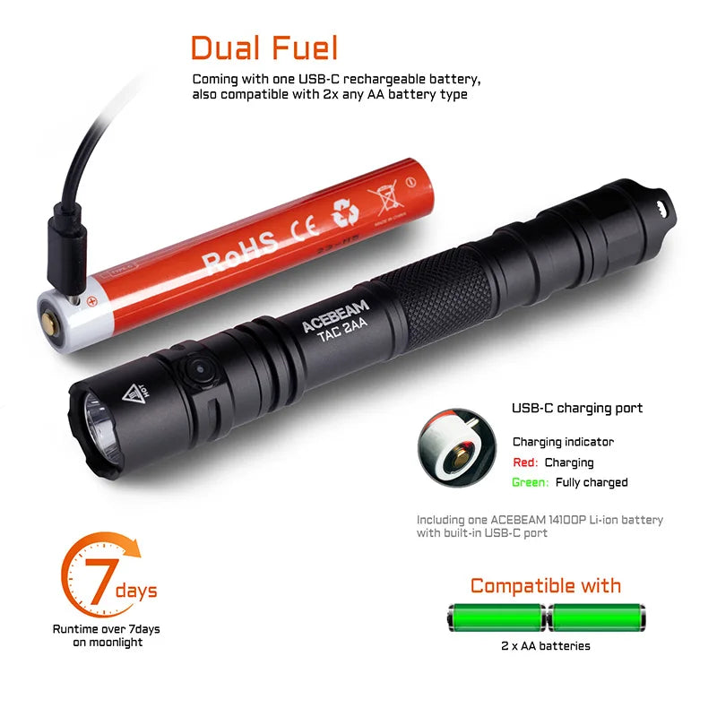 ACEBEAM TAC 2AA LED Flashlight — 1600 Lumen Portable EDC Torch, 181m Beam, USB-C Rechargeable with Dual Buttons