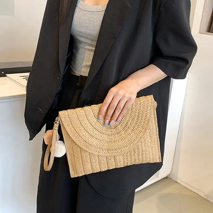 Handmade Straw Beach Bag – Small Woven Summer Shoulder Crossbody Clutch with Hair Ball