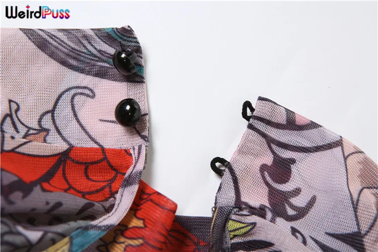 Weird Puss See-Through Jumpsuit for Women - Backless Dragon Print Short Sleeve Fitness & Workout Slim Stretch Clubwear