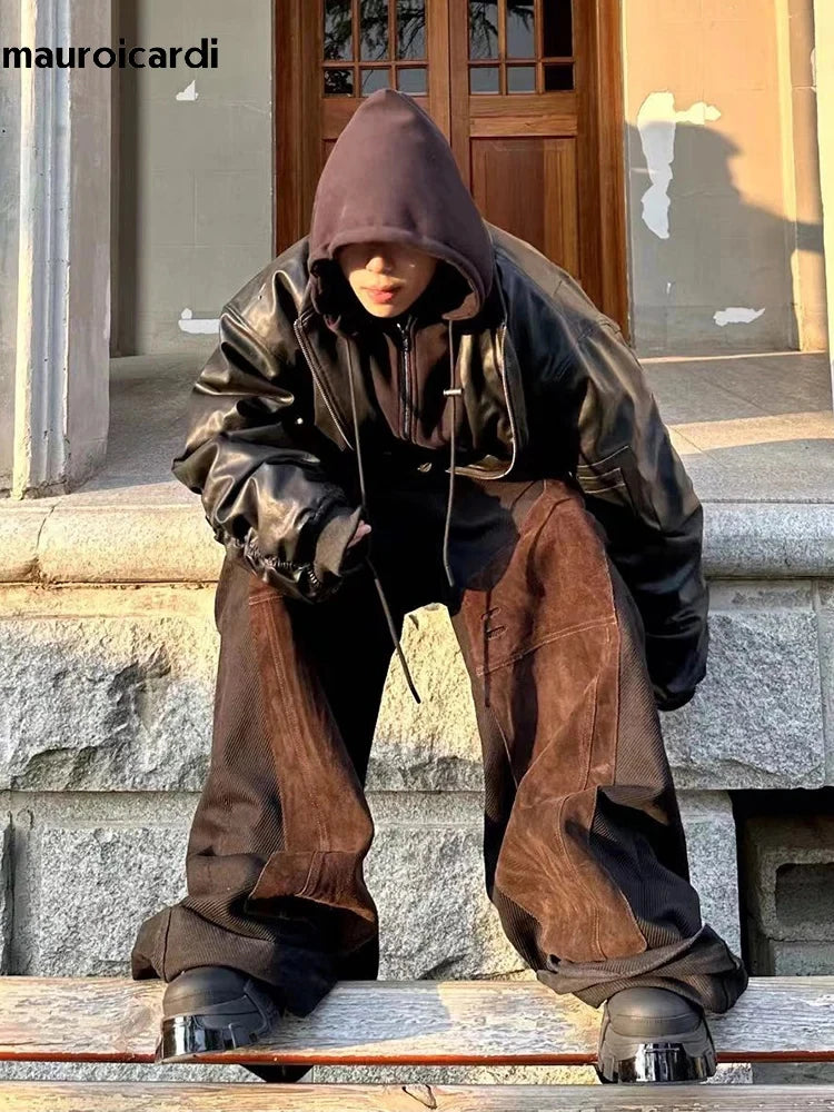 Mauroicardi Autumn Winter Oversized PU Leather Bomber Jacket for Men - Thickened Warm Hooded Luxury Designer Coat