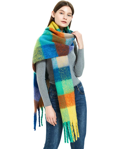 2025 Women's Winter Thick Cashmere Scarf – Warm Pashmina Shawl with Rainbow Tassels & Wraps