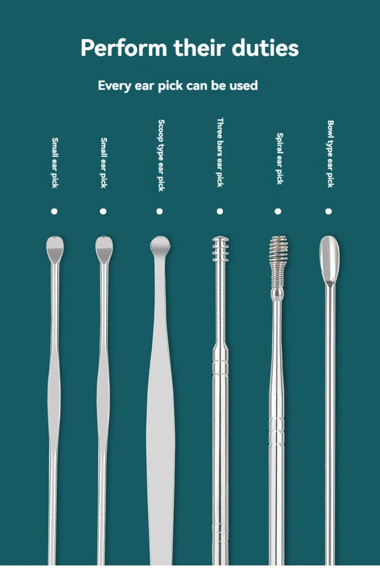 6pcs Stainless Steel Ear Wax Removal Tool Set – Spiral Rotating Ear Picker Spoon for Cleaning & Collecting Ear Wax