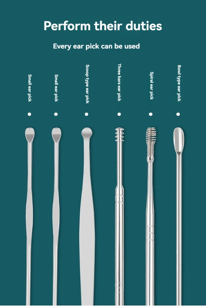 6pcs Stainless Steel Ear Wax Removal Tool Set – Spiral Rotating Ear Picker Spoon for Cleaning & Collecting Ear Wax