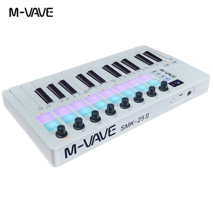 M-VAVE SMK-Ⅱ 25-Key MIDI Keyboard Controller – Bluetooth, 16 RGB Drum Pads, Semi-Weighted Dynamic Keybed