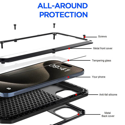 Heavy Duty Aluminum Metal Case for iPhone 16/15/14/13/12/11 Pro Max – Shockproof Gorilla Glass Cover for iPhone XS Max/XR/7/8