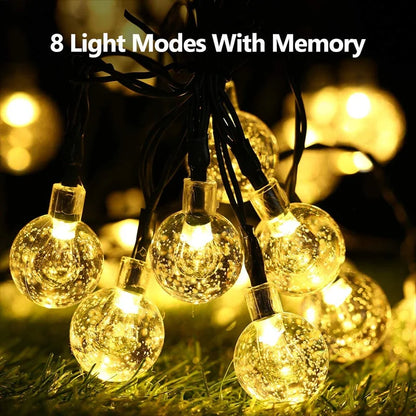 LED Solar String Lights – 60 Waterproof Crystal Globe Lights with 8 Modes for Outdoor Patio, Party & Tree Decor