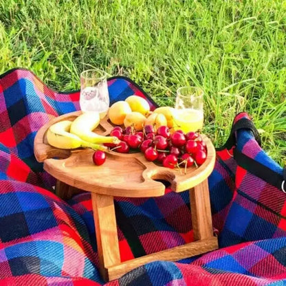 Wooden Folding Picnic Table – Round Foldable Desk with Wine Glass Rack, Portable Snack Table for Outdoor Camp
