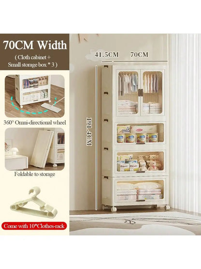 Plastic Wardrobe Closet — 27.6" Wide Stackable Multi-Layer Storage Bins with Lids & Wheels, Collapsible Drawer Organizer