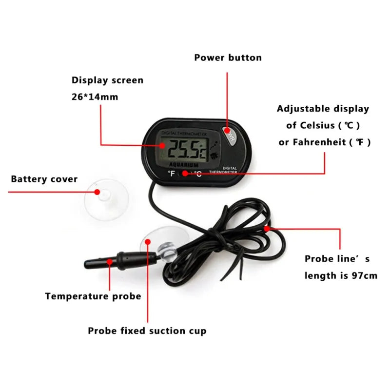 Digital Aquarium Thermometer with Probe – Suction Cup Water Temperature Gauge for Fish Tanks, Celsius (℃) Display