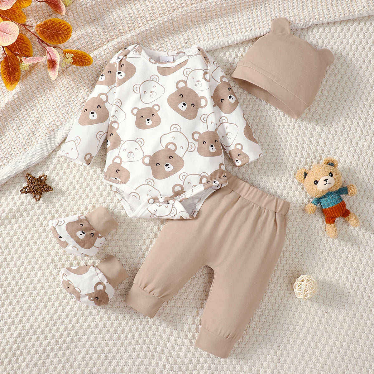 0-9 Months Baby Boy Set – Little Bear Long Sleeve Bodysuit, Pants, Hat & Socks for Spring & Autumn Newborns