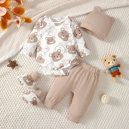 0-9 Months Baby Boy Set – Little Bear Long Sleeve Bodysuit, Pants, Hat & Socks for Spring & Autumn Newborns