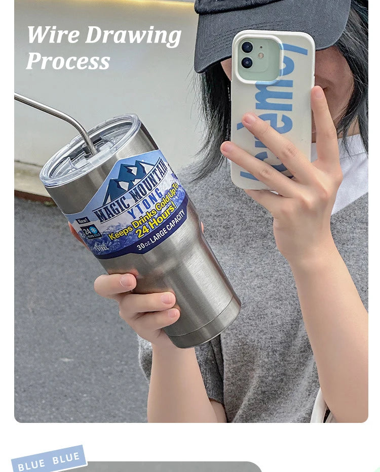 Magic Stainless Steel Thermos Cup with Straw – Vacuum Insulated Ice Coffee Travel Bottle for Car, Outdoor & Mountain Use