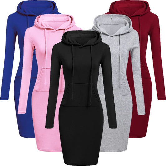 Autumn Ladies Hooded Dress - Women's Sweatshirt Hoodie Dress Tops for Casual Wear