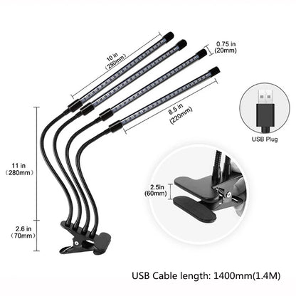 1/2/3/4 Head LED Plant Grow Light — Clip-On Full Spectrum Lamp with USB, Dimmable, Timer & 3-Color Switching for Indoor Plants