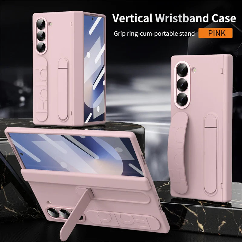 Wristband Hinge Phone Case for Samsung Galaxy Z Fold 3-7 – With Pen Slot & S Pen, Screen Protector Cover