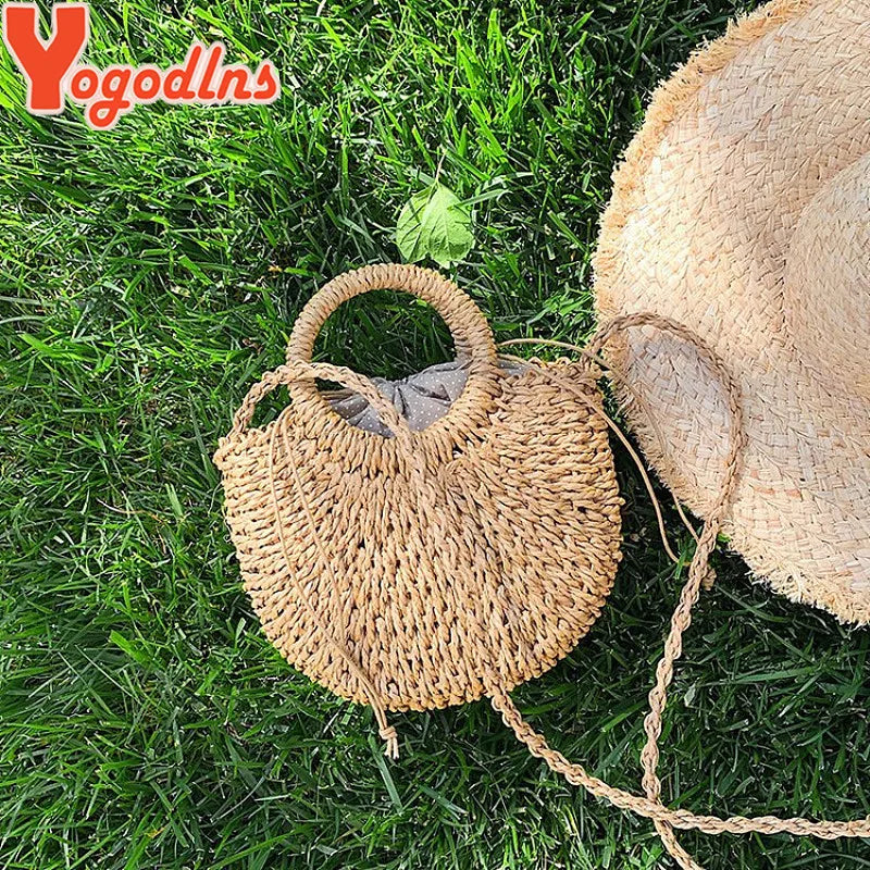 Yogodlns Handmade Half-Round Rattan Straw Bag – Summer Women’s Small Beach Messenger Crossbody Handbag