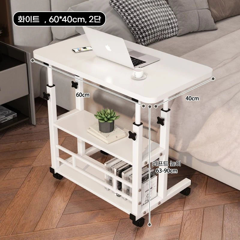 Double-Layer Movable Desk – Bedside Laptop Table with Storage Shelf, White Lift Office & Bedroom Desk