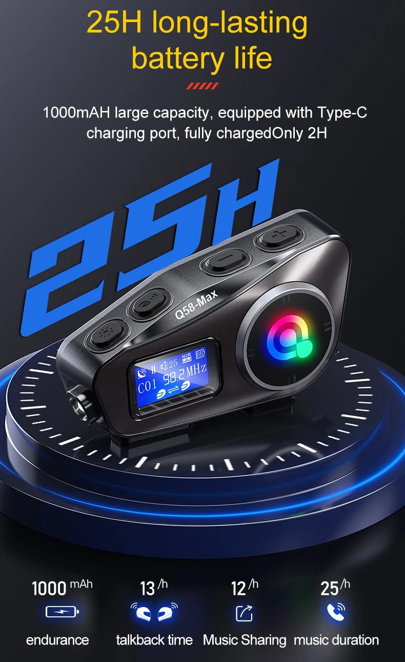 Q58 Max Motorcycle Helmet Bluetooth Intercom – IP65 Waterproof, 500M Range, Multi-Scene Music Sharing