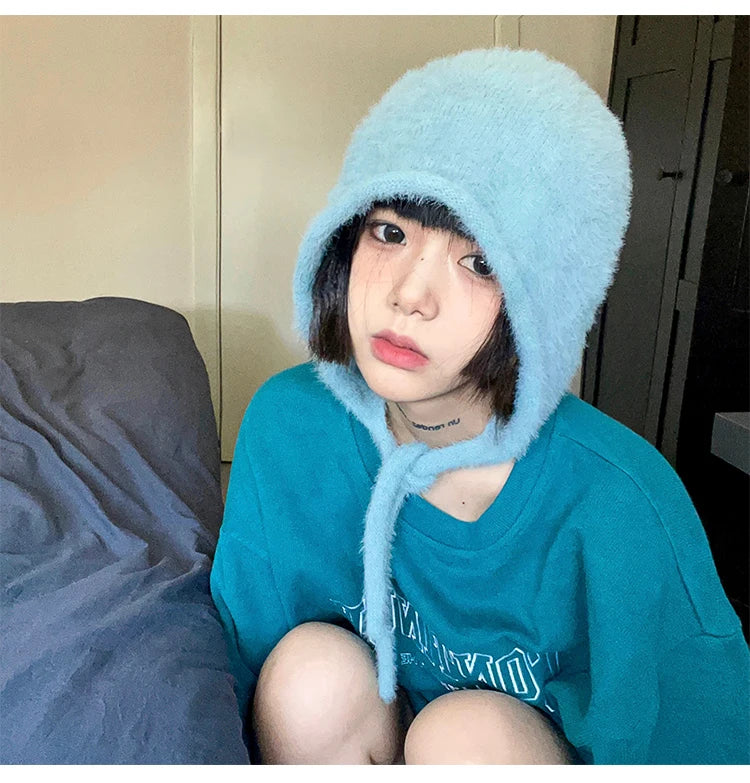 Y2K Cute Beanie Hat – Warm Japanese Knit for Autumn & Winter, Ear Protection, Tie Pullover Cap for Men & Women