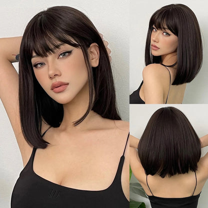 Short Black Brown Synthetic Natural Hair Wigs: Bob Straight Wig with Bangs, High Temperature for Daily Cosplay & Party