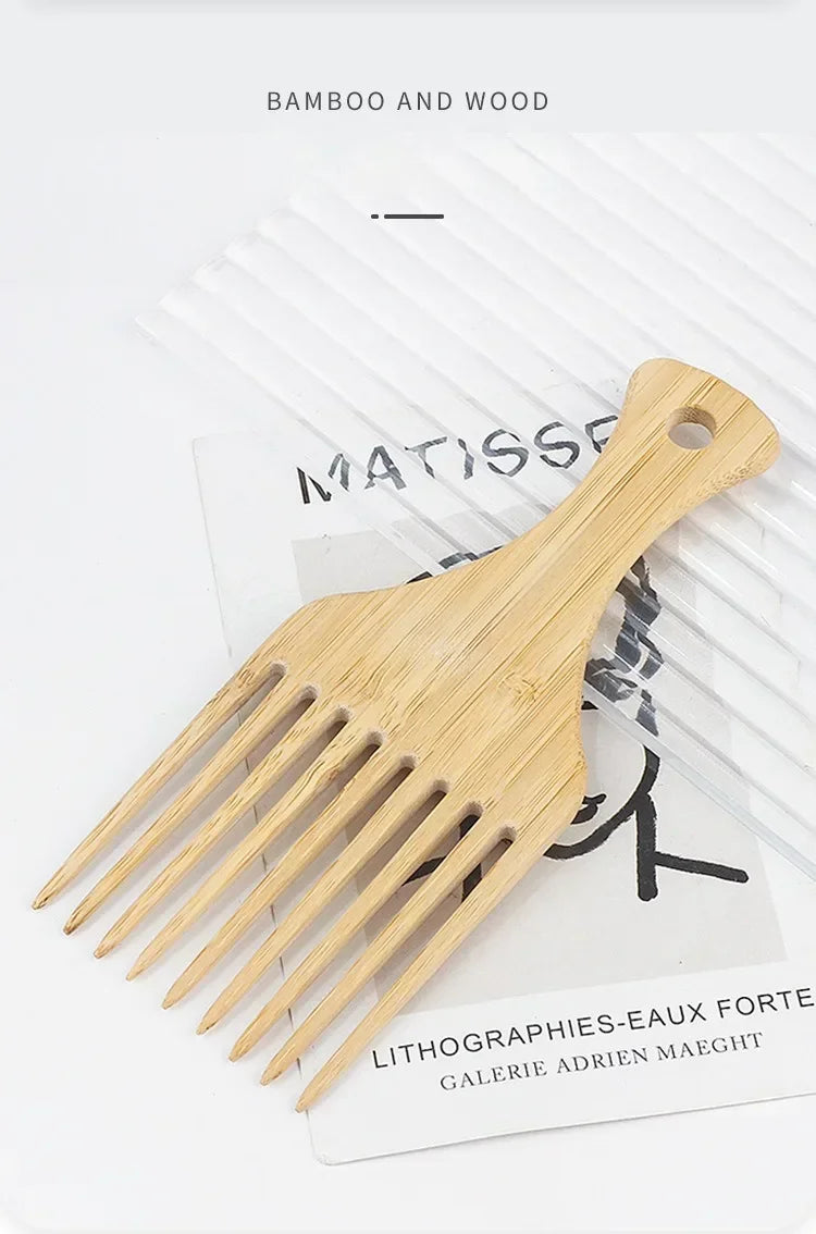 Natural Bamboo Wooden Hair Comb – Anti-Static Afro Fork, Wide Tooth Round Comb & Hair Brush for Women