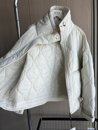 2024 ETJ Quilted Women's Coat – Beige Drawstring High Neck Jacket with Ties & Pockets