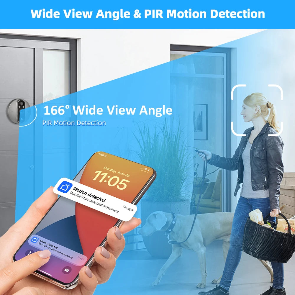 3MP Smart Life Tuya WiFi Doorbell — 1080P Peephole Camera, 5000mAh Battery, PIR Motion Sensor, IR, Alexa & Google Compatible