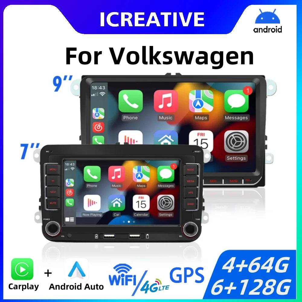 2DIN Android Car Radio for Volkswagen Golf 5/6, Polo, Passat B6/B7, CC, Skoda, Jetta - Multimedia, CarPlay, Wifi & GPS Navigation