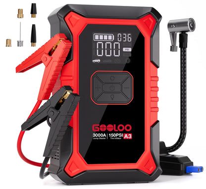 GOOLOO A3 3000A Jump Starter with Air Compressor – Portable Car Battery Booster for 9.0L Gas & 6.5L Diesel, 150PSI with Auto Shut-Off
